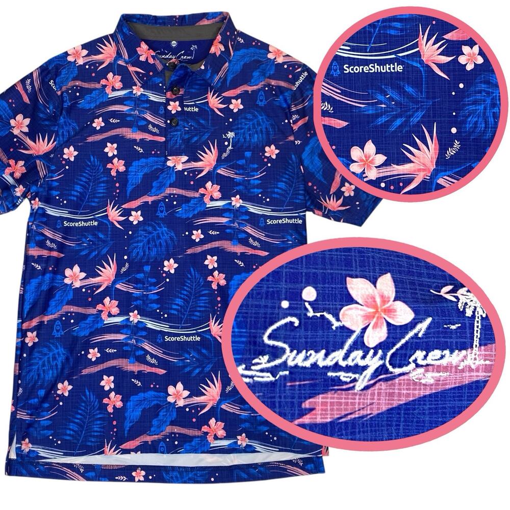 Sunday Crew Golf Polo M Tropical Palm Trees Hawaiian Novelty‎ Loud Vibrant UPF